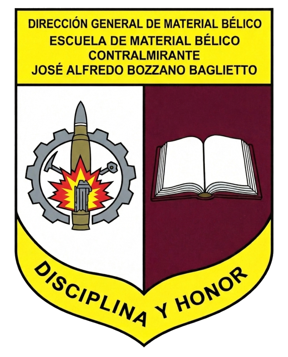 Escudo de la Escuela de Material Bélico “Contralmirante José Alfredo Bozzano Baglietto”, con el lema Disciplina y Honor