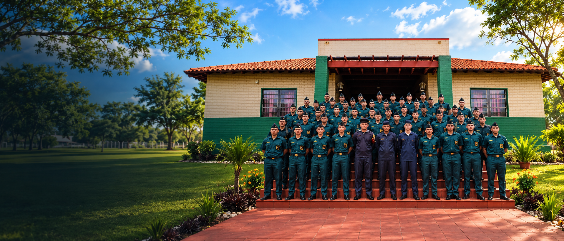Escuela de Material Bélico con personal militar formado frente a la sede institucional.
