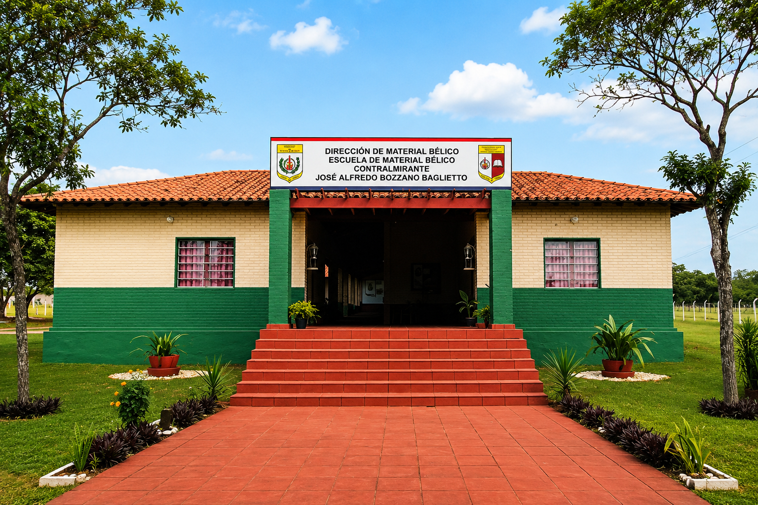 Fachada principal de la Escuela de Material Bélico Contralmirante José Alfredo Bozzano Baglietto.